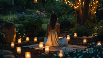 AI generated Back view of oung woman gracefully practicing yoga in tranquil evening garden illuminated by candles photo