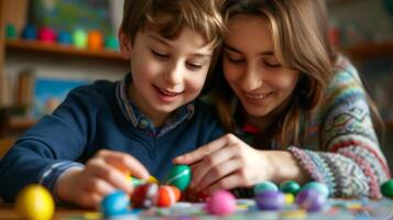 ai generado madre y hijo son pintura Pascua de Resurrección huevos. bricolaje primavera niños proyecto a hogar.. foto