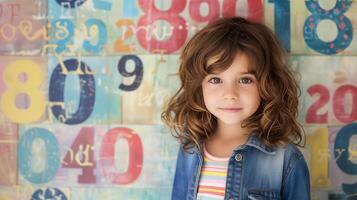 ai generado discalculia conciencia día bandera diseño con Copiar espacio. hermosa joven niña en contra vistoso números antecedentes. foto