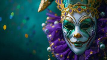 AI generated Mardi Gras background with empty copy space. banner with Jester Mask. photo