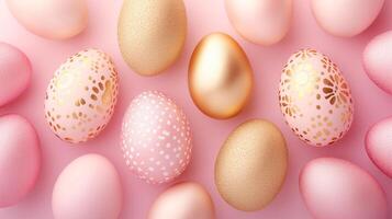 AI generated Painted Easter egg in pink and golden over light pink background. Copy space. Easter template, banner, invitation design photo