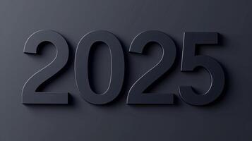 ai generado negro 3d número 2025 en negro antecedentes. minimalista nuevo año oscuro bandera foto