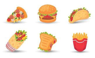 Street food hamburger, tasty sandwich, hot dog, pizza, french fries, tacos vector