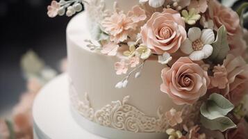 AI generated Beautiful wedding cake decorated with buttercream flowers and lace close up. photo