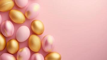 AI generated Easter background with painted gold and pink eggs on light pink backdrop. Copy space for text photo