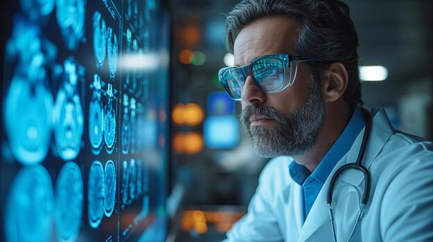 AI generated Radiologist looking at screen with MRI scan and diagnose. Clever attentive senior doctor frowning while thoughtfully looking at the screen of a futuristic computer photo