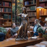 AI generated Statue of Justice, consultation of Businesswoman, client and lawyer, judge counselor having meeting with client. Law and Legal services concept photo