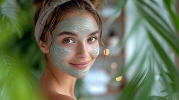 AI generated Smiling american woman with wet hair applying face mask looking at her reflection in the mirror in bathroom photo