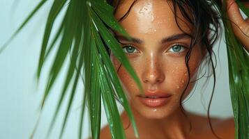 AI generated Close up face of beautiful young woman covering part of her face by green leaf while looking at camera. Portrait of beauty woman without makeup standing behind green leaves photo