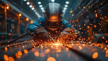 AI generated Welding sparks, A worker uses a welding machine, Metal welder working with arc welding machine to weld steel at factory while wearing safety equipment photo