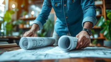 AI generated An architect reviews and unrolls blueprints on a table in a bright modern office space photo