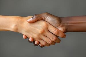 AI generated African and American shaking hands isolated on grey background with clipping path. High quality photo