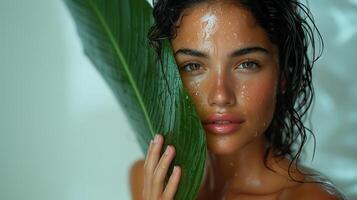 AI generated Close up face of beautiful young woman covering part of her face by green leaf while looking at camera. Portrait of beauty woman without makeup standing behind green leaves photo