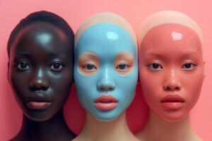 ai generado retratos de mujer en facial mascaras con diferente tipos de piel, sano resplandor facial tratamiento. multiétnico belleza, publicidad bienestar. diferente etnia caucásico, africano, asiático foto