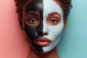 AI generated Black woman having two different kind of masks white and black on half of her face Colorful peel off masks Close up beautiful portrait African American woman Studio fashion background photo