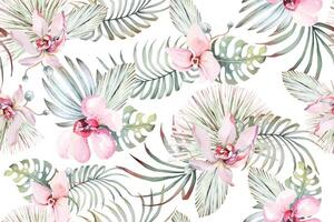 Seamless pattern of tropical plant, orchid and flowers painted in watercolor.For fabric luxurious and wallpaper, vintage style.Hand drawn botanical floral pastel pattern.Tropical background vector