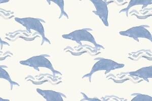 Seamless pattern of dolphin painted in watercolor.Suitable for designing fabric patterns.Sea backgrounds, wallpapers.cute animal cartoon pattern background.Fish patterns. vector