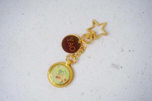 Colorful key chain made of resin and clay on a white background. Colorful key chain photo