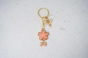 Colorful key chain made of resin and clay on a white background. Colorful key chain photo