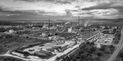 Amazing aerial view panorama of an industrial zone. Black and white photo