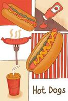 Assorted Hot Dog Illustrations Featuring Condiments, Grill, and Drink vector