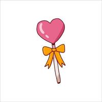 Hand-Drawn Pink Heart Lollipop With Yellow Bow Illustration on White Background vector