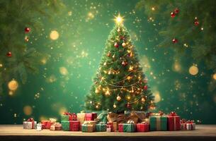 AI generated Festival Christmas tree with presents and ray lights on green nature background photo