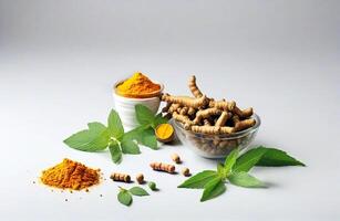 AI generated Raw turmeric and mint ilsolated on white background photo