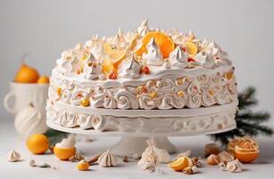 AI generated Delicious christmas meringue cake with citrus on  a white background photo