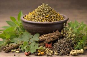 AI generated Indian natural herbal medicine close up on wooden background photo