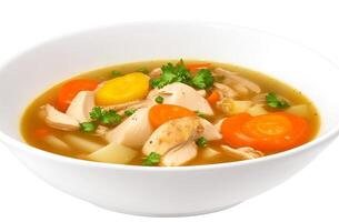 AI generated Chicken soup with vegetables isolated on white background photo