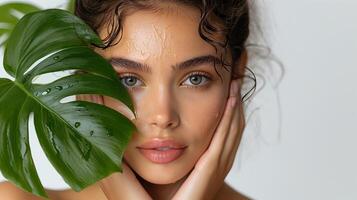 AI generated Close up face of beautiful young woman covering part of her face by green leaf while looking at camera. Portrait of beauty woman without makeup standing behind green leaves photo