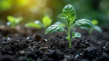 AI generated Close up green seedling growing on fertile soil with blurred nature background. Generative AI photo