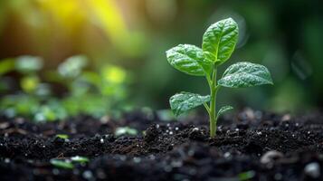 AI generated Close up green seedling growing on fertile soil with blurred nature background. Generative AI photo