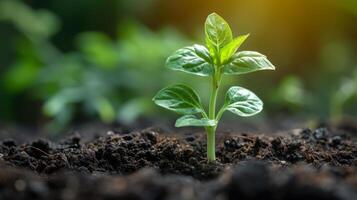 AI generated Close up green seedling growing on fertile soil with blurred nature background. Generative AI photo