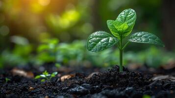 AI generated Close up green seedling growing on fertile soil with blurred nature background. Generative AI photo