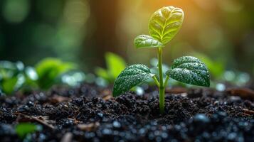 AI generated Close up green seedling growing on fertile soil with blurred nature background. Generative AI photo