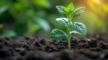 AI generated Close up green seedling growing on fertile soil with blurred nature background. Generative AI photo