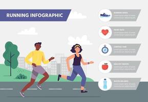 correr infografía. hombre y mujer corriendo maratón. Atletas trotar al aire libre en ciudad parque. deporte hacer ejercicio vector