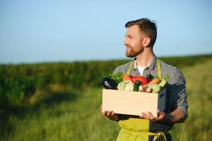 farmer holding a crate of bio vegetables in the farm. Happy man showing box of harvested vegetables. photo