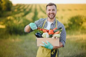 farmer holding a crate of bio vegetables in the farm. Happy man showing box of harvested vegetables. photo