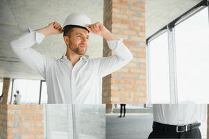 cerca arriba ingenieros trabajando en un edificio sitio participación un planos.ingenieria y arquitectura concepto foto