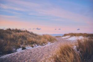 Pathway to the beach during evening in winter photo