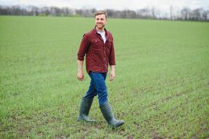 Handsome farmer. Young man walking in green field. Spring agriculture. photo