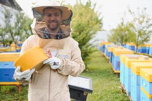 Bee keeper in a uniform standing in apiary and holding a wax photo