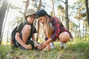 Kids exploring nature with magnifying glass. Summer activity for inquisitive child. photo