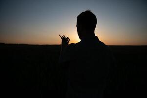 de cerca Disparo de un hombre comprobación el calidad de el trigo espiguillas en un puesta de sol en el medio de el dorado madurar campo. granja trabajador examina el orejas de trigo antes de cosecha. agrícola concepto foto