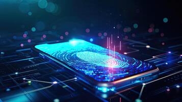 AI generated A concept of a futuristic holographic cyber security technology using finger prints and biometric data on a smartphone. photo