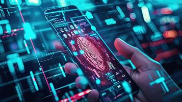AI generated A concept of a futuristic holographic cyber security technology using finger prints and biometric data on a smartphone. photo