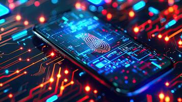 AI generated A concept of a futuristic holographic cyber security technology using finger prints and biometric data on a smartphone. photo